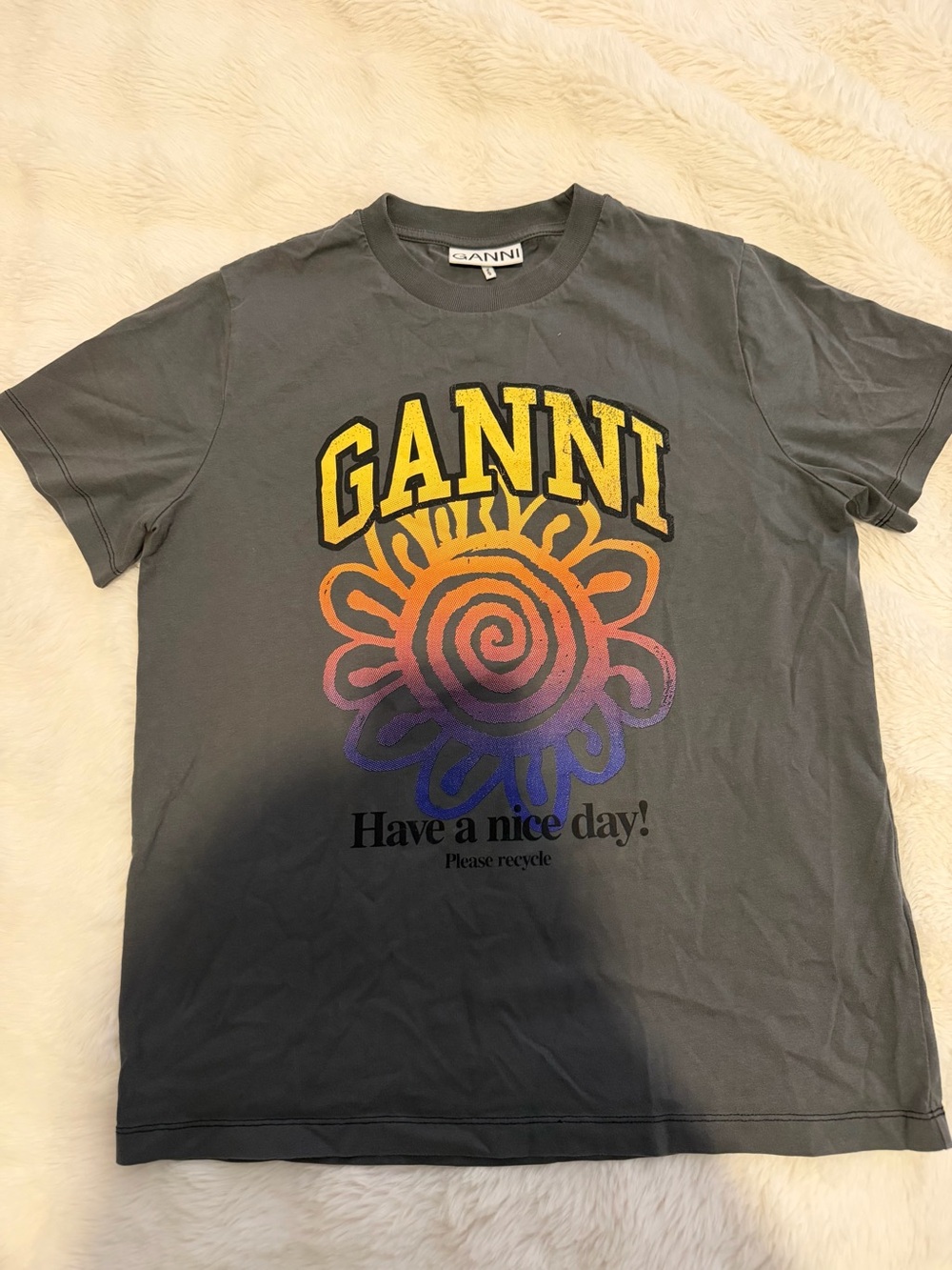 Ganni Gray Short Sleeve Tee with Yellow-to-Purple Sun Graphic